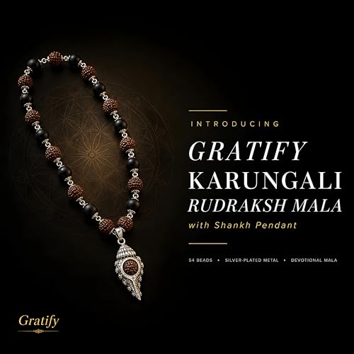 Image of Gratify Karungali Wood & Rudraksha Mala | 54+1 Natural Ebony Beads with Shankh Pendant | Silver-Capped Spiritual Mala for Prayer, Meditation & Positive Energy