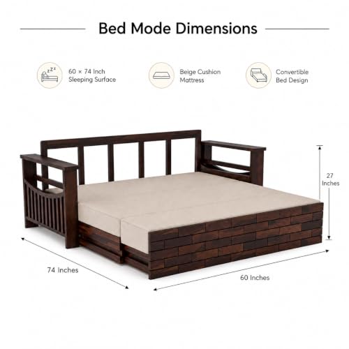 Image of Douceur Furnitures Solid Sheesham Wooden 3 Seater Sofa Cum Bed with Mattress,Cushions & Side Pockets,Wood Foldable Convertible Sofa 3 Seater Diwan Cum Bed for Living Room & Office|Walnut Finish