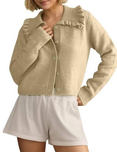 Image of Ythomm Womens Ruffle Collar Cropped Cardigans Button Down Open Front Long Sleeve Knit Sweater Jackets Casual Solid Fall Tops
