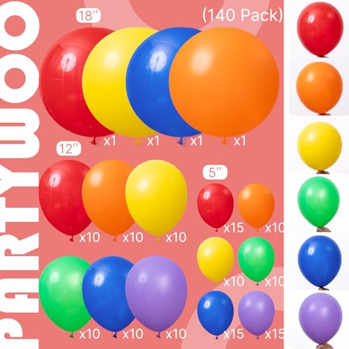 Image of PartyWoo Rainbow Balloon Arch Kit Garland 140pcs Different Sizes of 18 12 10 5 Inch Colorful Blue Red Green Purple Yellow Orange Balloons for Baby Shower Graduation Birthday Party Decorations