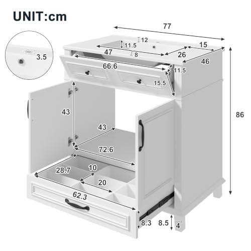 Mueble de lavabo de cerámica REXO de 77 cm con armario blanco de doble puerta 3