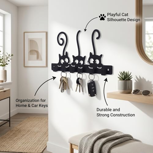 Image of Key Holder for Home Decor Stylish, Metal Cat Wall Mount with 6 Rustproof Hooks, Key Hanger for Wall, Matte Black Keys Stand, Decorative Home Organizer