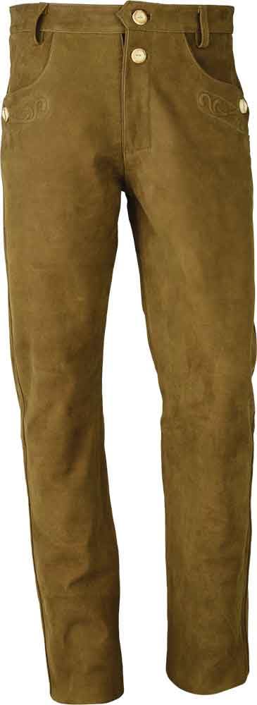 Trachtenlederhose Lang, Herren Lederhose aus Nubuk-Leder, Camel, 5-Taschen-Design mit Stickerei, Gefüttert bis zum Knie