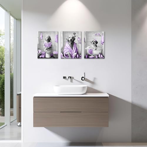 Image of sechars Funny Dogs Bathroom Wall Art Grey and Purple Bath Decor Cute Animal Painting Canvas Print (Purple)