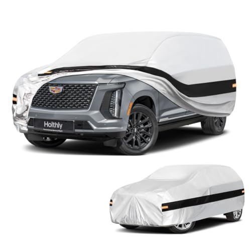 Image of 10 Layers SUV Car Cover Custom Fit for Cadillac Escalade (2007-2014), Waterproof All Weather for Automobiles, Outdoor Full Cover Sun Dust Rain Protection with Cotton. Silver
