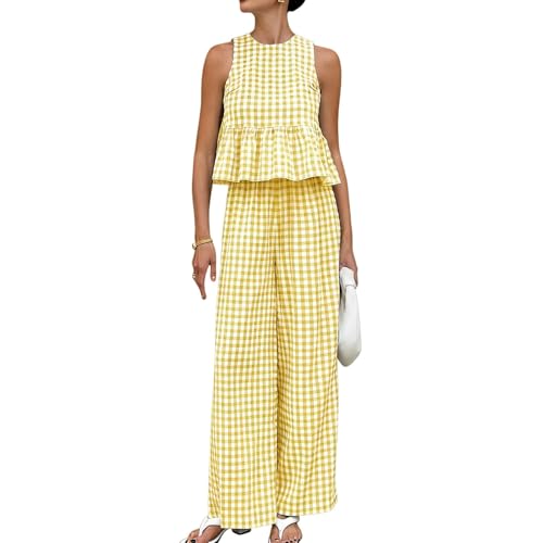 Conjunto de 2 piezas para mujer con camiseta a cuadros y pantalones de pierna ancha de verano