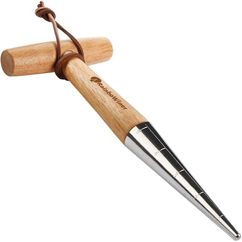 RainboWiner Garden Hand Dibber with Measurements, Bulb Planter Tool - 11 Inch Wooden Handle Stainless Steel Handheld Gardening Dibbler for Garlic Tulip Daffodil Vegetable Seed Planting