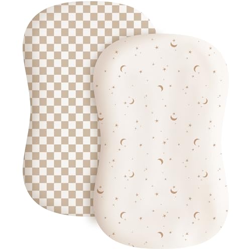 Image of Konssy 2 Pack Baby Lounger Cover, Stretchy Soft Infant Lounger Cover | For Baby Boys and Girls, Cover Set Only. Soft Breathable Fabric, Envelope Closure, Machine Washable, Coffee Check and Moon