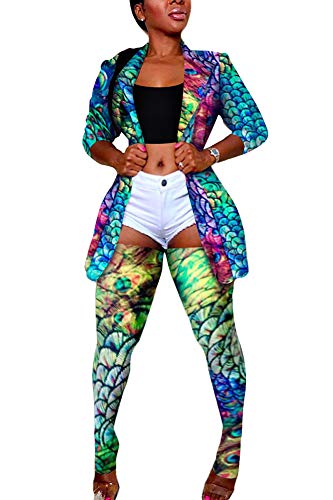 Lucuna Women 2 Piece Outfits Short Sleeve Lips Print Top and Pocket Bodycon Short Pants Sportwear Tracksuits Set (XL, 1Peacock)
