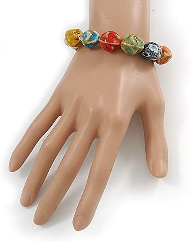 Avalaya Multicoloured Ceramic Candy Shape Bead Stretch Bracelet - 17cm L, yellow, red, beige, green, light blue - Image 4
