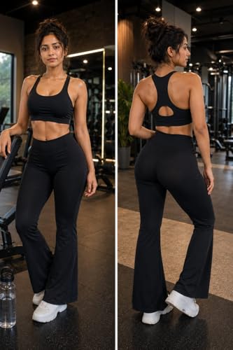 Image of Ultimate Flare Pants Lite Regular for Women | High Waist Stretchy Workout Yoga Trousers | Lightweight Sweat Wicking Seamless Gym Wear Black