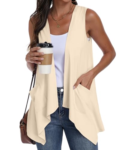 PrinStory Sleeveless Cardigans for Women Summer Lightweight Casual Open Front Irregular Hem Long Vest with Pockets Light Apricot M