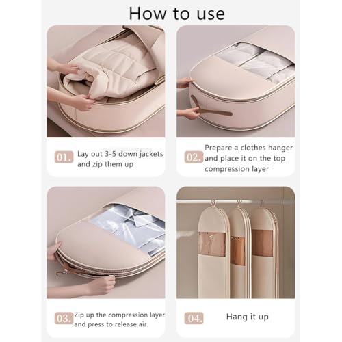 Space Saving Hanging Garment Bag with Self Compression Zipper, Dust Cover Clothes Bags for Down Coat, pace Saver Closet Organizers, for Closet Storage (Pink, M+L+XL)3