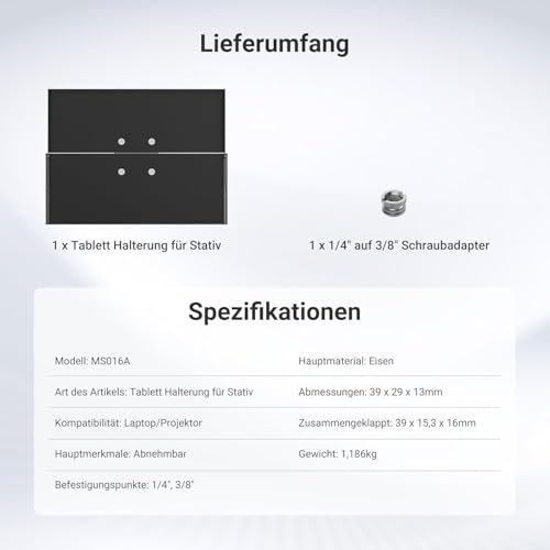 NEEWER 39×29×1,3cm Metall Laptop Projektor Notebook Tablett Halterung, abnehmbar, mit 1/4“ bis 3/8 Schraubenadapter für Stativ Befestigungsständer für Bühne, Besprechung, Vortrag im Freien, MS016A