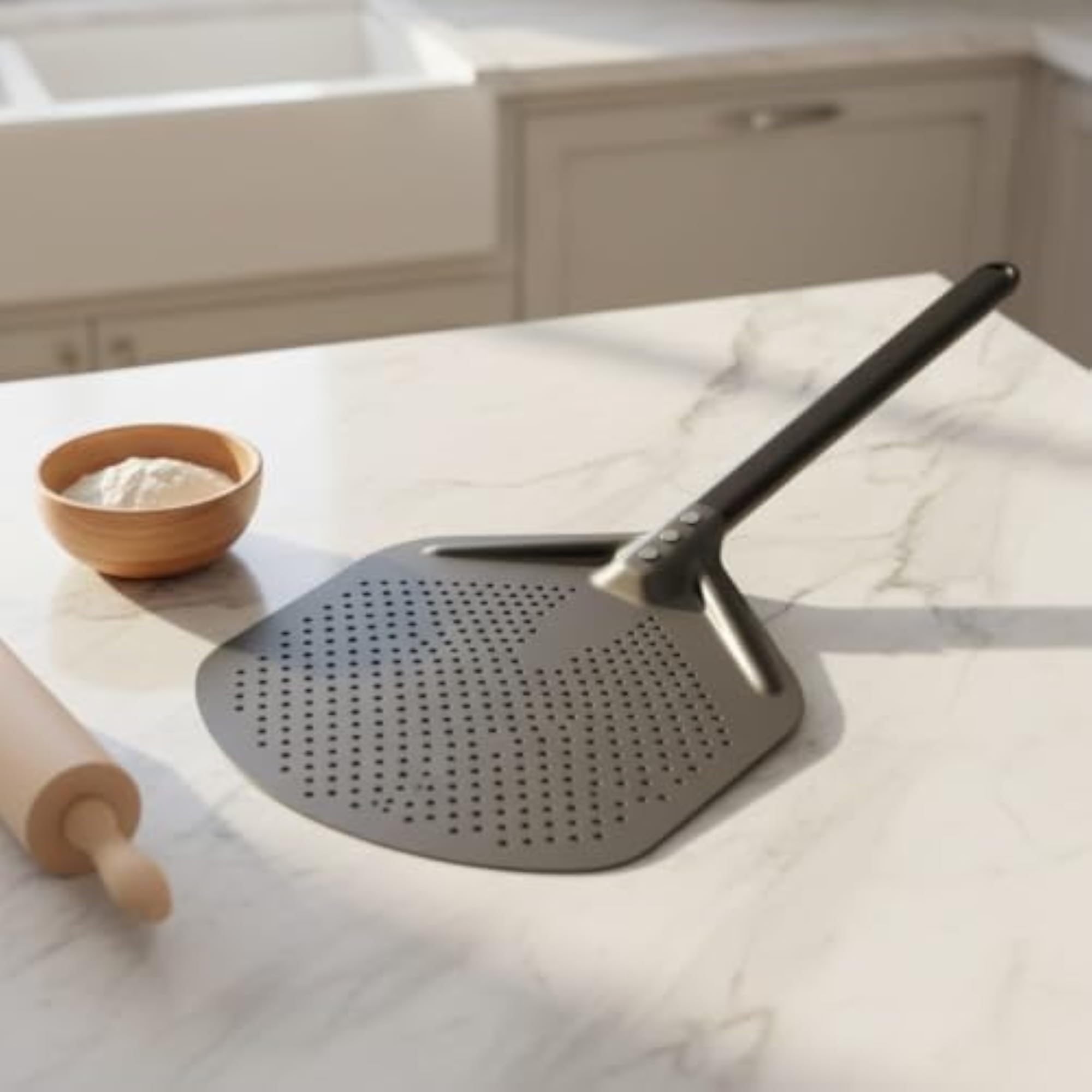 Anodized Perforated Pizza Peel with Long Handle, Dark Gray