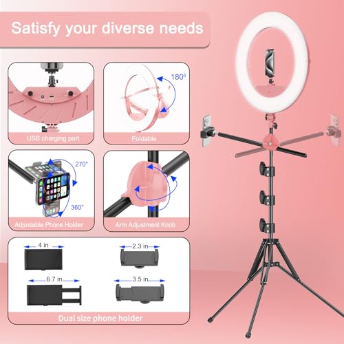 Image of 55W18 45cm Ring Light Kit [New Version] 6700K Dimmable LEDRinglightTripod Stand Dual Phone Holder for iPhone Selfie Makeup LashTattoo Studio Lighting Painting,Photo Video Recording (Pink)
