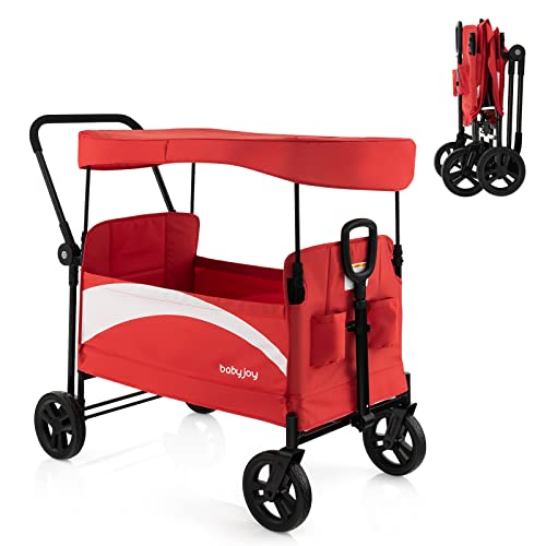 Baby Joy Collapsible Wagon Stroller For 2 Kids & Cargo, Push Pull Double Stroller With Adjustable Handle Bar, Removable Canopy, Safety Harness, All Terrain Wheels, Foot Brake, Storage Pockets (Red) #TOP13