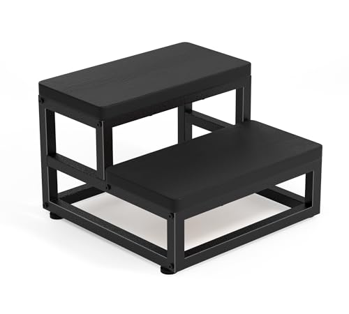 Holz Tritthocker 2 Stufen für Erwachsene Kinder, Anti-Rutsch Holztritt mit 500lbs Tragkraft, Wasserfest Verstellbare Füße & Abgerundete Ecken, Fußbank für Küche/Bad/Schlafzimmer