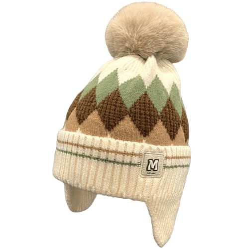 Argyle Check Knit Kids Winter Hat Warm Fleece Beanie Hats with Ear Flaps for Girls Boys