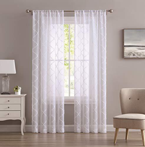 Laura Ashley Berwyn Lattice Sheer Curtains with Rod Pocket, Each Panel Measures 38' W x 108' L...