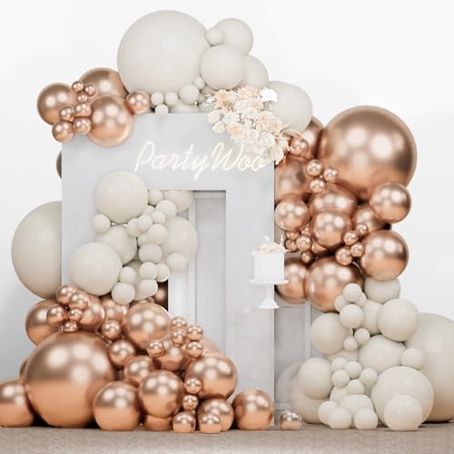 Image of PartyWoo Retro White Balloons, 140 pcs Champagne Gold and White Sand Balloons Different Sizes Pack of 18 Inch 12 Inch 10 Inch 5 Inch for Balloon Garland Arch as Birthday Decorations, Party Decorations
