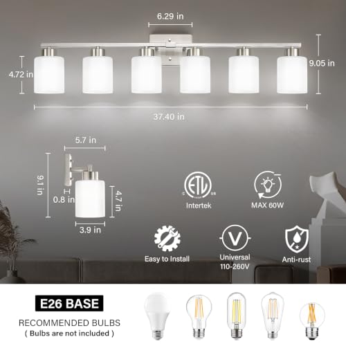 Image of FonmYim Brushed Nickel Bathroom Light Fixtures, 6-Light Modern Vanity Light Over Mirror, Wall Sconces with Milky White Frosted Glass Shades, E26 Socket (Bulbs Not Included)