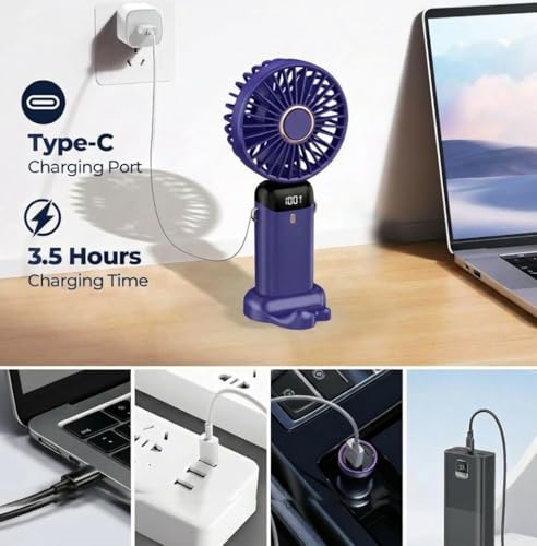 Image of Rechargeable Portable Handheld Fan,3000mAh Battery Operated Mini Fan,5 Speeds and LED Display,Long Lasting Desk Fan for Office,Bedroom,Outdoor Activities and Travel (Purple)