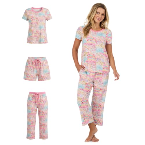 Image of Cuddl Duds 3 Piece Short Sleeve Capri Matching Lounge PJs Sets for Women | Cropped Capris Pants Boxer Shorts & Top, Sleepwear & Loungewear, Cute Sleep & PJ Set, Soft Lightweight & Breathable Pajamas
