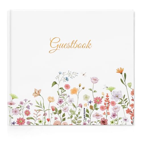 Wedding Guest Book with 40 Beautiful Stickers,48 Double Pages, Made High Quality Thick Paper-Dimensions: 21 x 23cm,Hard Cover Blank Guest Book for Wedding,Baby Shower,Birthdays,Garden Patterns-White