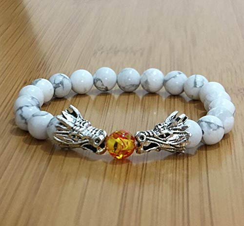 ADGJL Pulsera Piedras Naturales, 7 Chakra Ámbar Natural Cuentas De Piedra Brazalete Elástico De Magnesita Joyas De Dragón De Plata Pulseras Blancas Yoga Energía Orar Difusor Regalo para Pareja