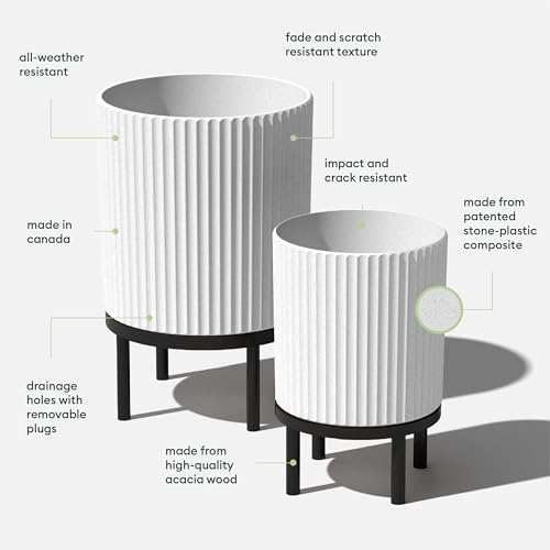 Image of Veradek Demi Series Raised Duo Planters - Set of 2 Planters with Stands | Made From a Durable Plastic-Stone Composite & Comes With Wooden Stand. Modern Porch /Patio Decor