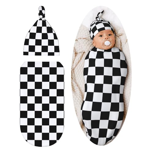Image of Black and White Checkered Baby Stuff Swaddle Blanket Soft and Stretchy Newborn Swaddle Blankets Sack Receiving Blanket with Beanie Hat Gift for Girls and Boys Infant