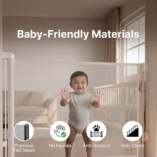 Image of A Baby Cherry - Baby Saftey Gate Retractable | Stairs & Pet Safety | Wide Mesh Gate 33 inch Tall | Expandable 55 inch | Indoor /Outdoor, Childproof Auto Lock (White)