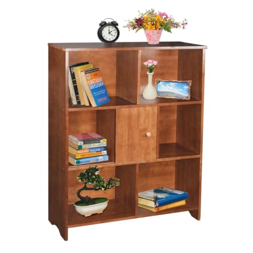 Image of 7 Cube Storage Organizer Wooden Bookshelf, 7 Cube Shelf Bookcase, Small Bookshelf Storage Organizer, 7 Cube Storage Shelf for Bedroom, Small Bookshelf for Living Room and Office (Natural, 7)