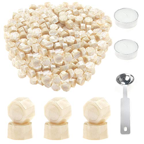 Pearl White Wax Sealing Beads, HOSAIL 300 Pieces White Wax Seal Beads Sticks with 1 Piece Wax Melting Spoon and 2 Pieces White Candles for Wax Sealing Stamp Kit (Pearl White)