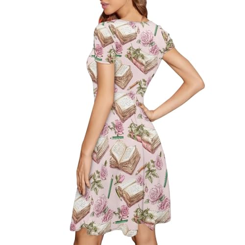 Image of POLERO Women Puffy Swing Elegant Party Midi Dresses Short Sleeve Round Neck A-Line Dress