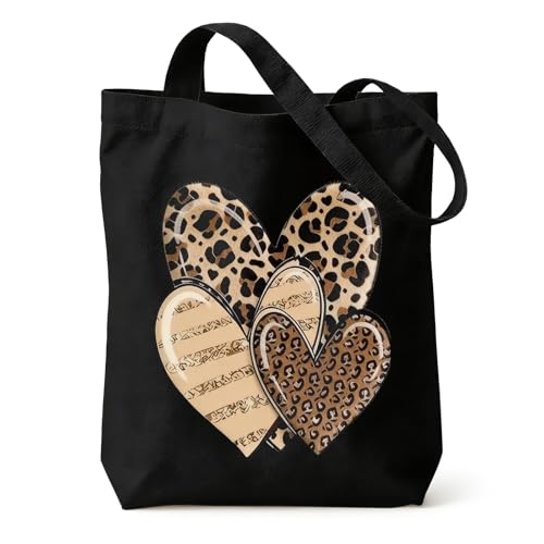 Image of Leopard Print Bag Canvas Tote Bag, Black Shoulder Bags for Leopard Print Gifts, Double-Sided Leopard Heart Print Shopping Bag for Shopping, Beach, Work