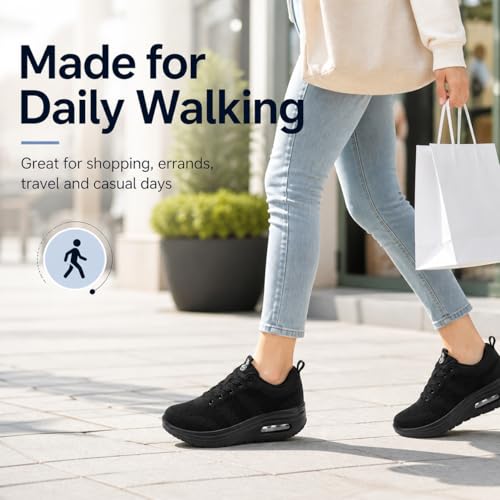 Image of Womens Platform Wide Walking Shoes Breathable Sneakers with Air Cushion Sole for Women, Lace-Up Width Shoe for Travel