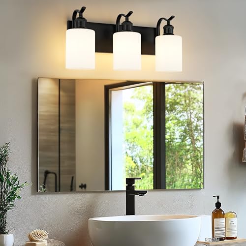 Image of Black Vanity Light, 3-Light Bathroom Light Fixture, Modern Wall Sconce with Milk Glass, VL01BKW-3