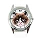 Taport® Orologio analogico al quarzo con cinturino in vera pelle, rotondo, per fan di Grumpy CAT