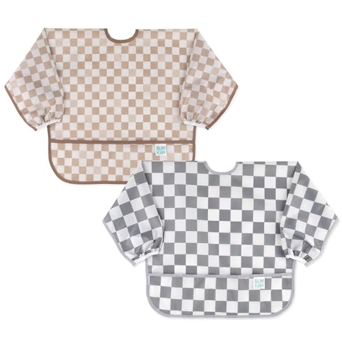 Image of Bumkins - Sleeved Bib -For Boys & Girls, Babies & Toddlers 6-24 Months - Lightweight, Durable, Waterproof - Long Sleeve Bib - Catch-All Pocket - Wipeable & Machine Washable -Beige & Gray Check -2 Pack
