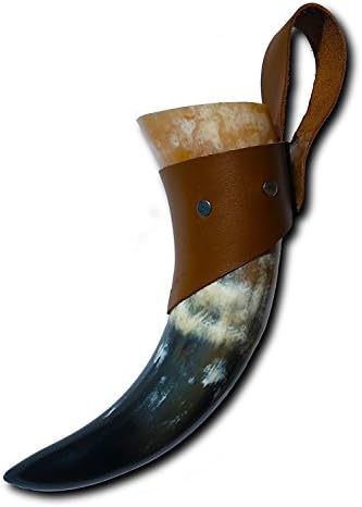 Kimler Viking Inspired Medieval Drinking Horn w/Leather Belt Strap. Authentic Real Horn Drinkware
