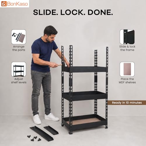 Image of Bonkaso 4 Tier Adjustable Boltless Metal Storage Rack for Home, Garage, Office & Shop | Heavy Duty Rust-Resistant Shelving Unit with MDF Wooden Shelves | Utility Display Stand, Black, (60x36x109 cm)