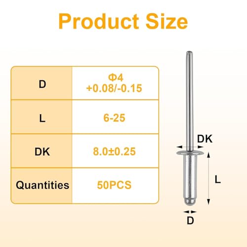 50 Stück (4mm x 12mm) Aluminium-Blindnieten, Korrosionsbeständig, Hitzebeständig, Starke Verbindung für Innen- und Außenanwendungen