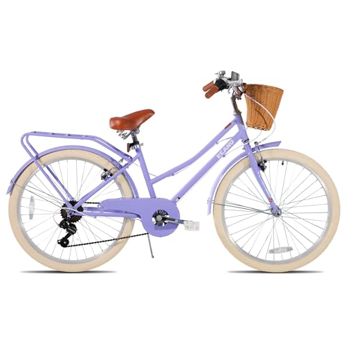 KEANO Poppy 24 Inch Kids Bike for Girls Ages 8-12 Years 7-Speed Hybrid City Bike for Kids with Basket 24 inch Beach Cruiser Bicycle Purple