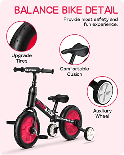 Image of Eilsorrn 3 in 1 Balance Bike Toddlers Training Bicycle for Kids 2-5 Years Girls Boys Riding Tricycles Bike with Training Wheels and Detachable Pedal for Indoor Outdoor Thanksgiving Christmas (Red)