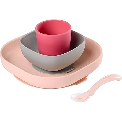 BEABA Silicone Meal Set for Baby/Toddler, Pink, 4 pcs (Plate, Bowl, Cup and Spoon)