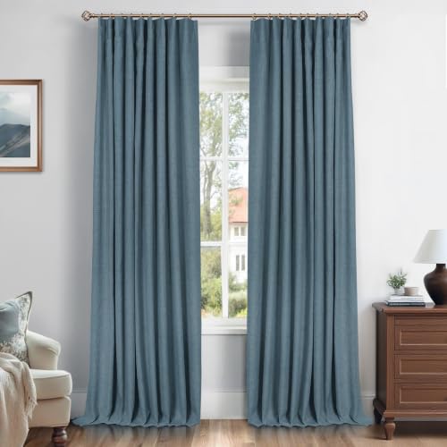 Image of INOVADAY 100% Blackout Curtains for Bedroom, Stone Blue Black Out Curtains 90 Inch Long, Clip Rings Linen Blackout Drapes, Thermal Insulated Room Darkening for Living Room, 2 Panels - W50xL90