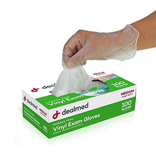 Dealmed Vinyl Exam Gloves – 100 ct. Medium Medical Gloves, Disposable Gloves, Non-Irritating Latex Free Gloves for a First Aid Kit and Medical Facilities