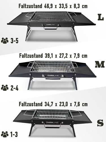 Charmline Tragbarer Holzkohlegrill, Klappbarer Campinggrill 47 x 34 cm für 3–5 Personen, Picknickgrill Grill, BBQ Grill für Balkon, Garten, Camping, Picknick und Strand, Schwarz